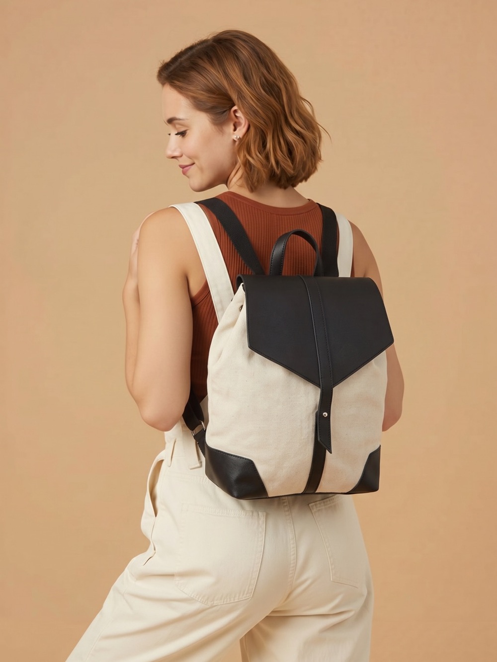 DEUX LUX Canvas & Faux Leather Backpack Cream/Black Modern Minimalist Backpack
